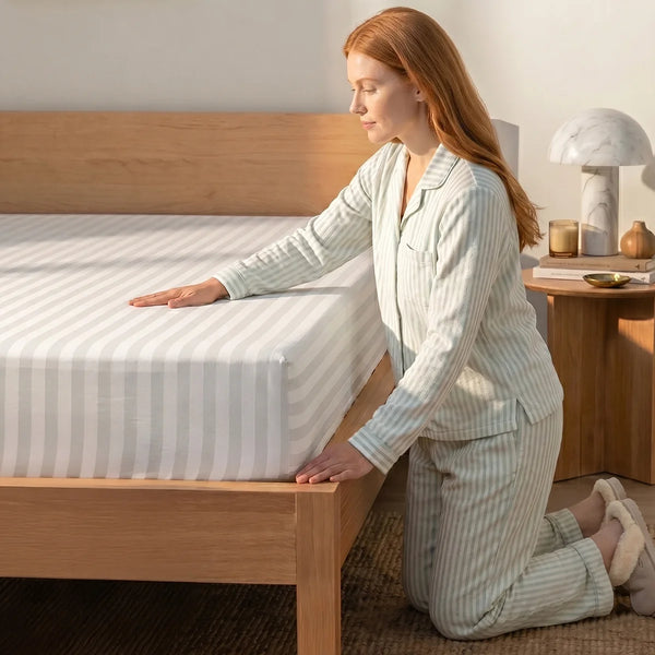 A woman in striped pajamas kneels by a wooden bed, smoothing a Super Sleeper Pro Imperial Dream Sheets™ 4pc Bedding Set. A bedside table with a lamp, books, and decor accents is seen in the background.