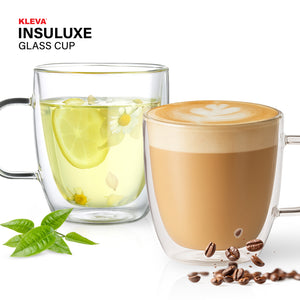 Double-wall glass cups with lemon tea and latte.