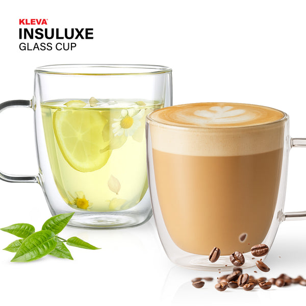 Double-wall glass cups with lemon tea and latte.