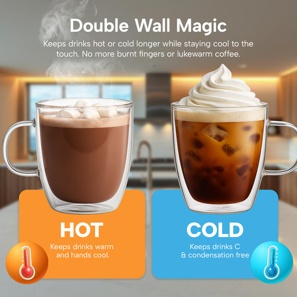 Hot and iced drinks in double-wall glass cups showing insulation.