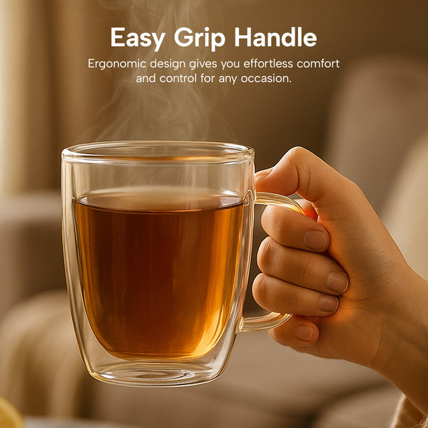 Hand holding a steaming double-wall glass cup of tea.