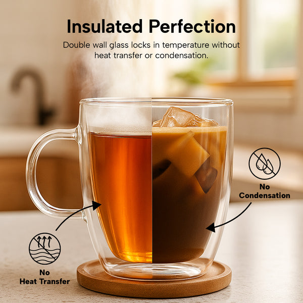 Split view of hot tea and iced coffee in insulated glass.