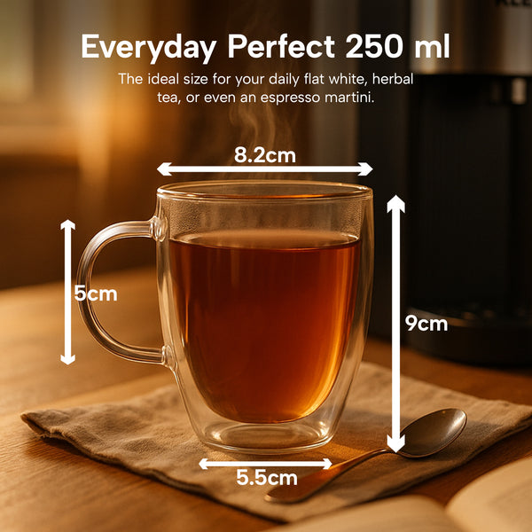 Double-wall glass cup with measurements.