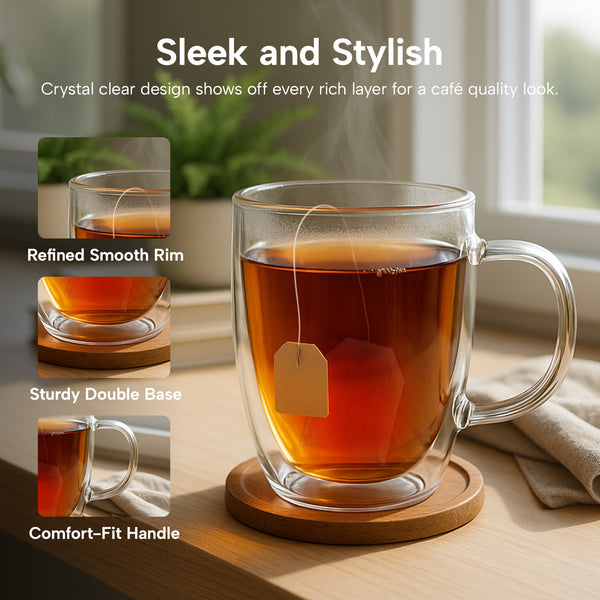 Double-wall glass cup with tea bag, shown in close-up details.