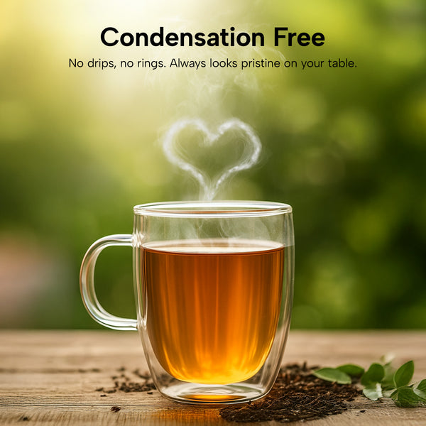 Steaming double-wall glass cup of tea with heart-shaped steam.