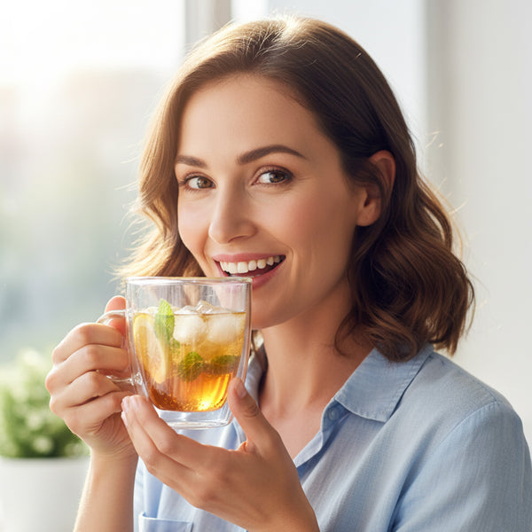 Woman smiling while drinking iced tea from a double-wall glass cup.