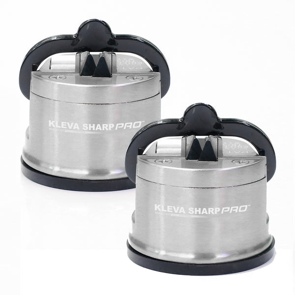 Two Kleva Range Kleva Sharp Pro® Knife Sharpeners with precision honing plates and suction bases are shown side by side on a white background, each featuring a black handle and top sharpening slot for effective blade sharpening.