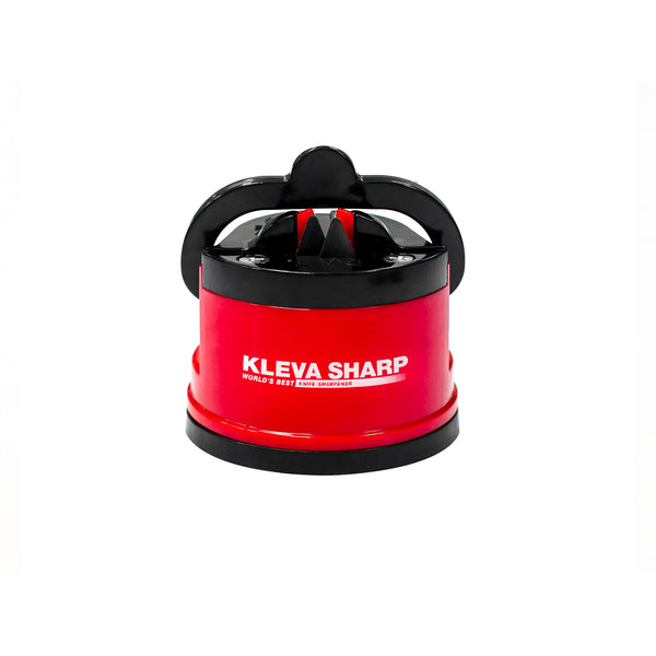 A red Kleva Range Kleva Sharp® The Original World's Best Knife Sharpener with a black handle sits on a white background. "Kleva Sharp World's Best Knife Sharpener" is printed in white on the front. Features tungsten carbide technology.