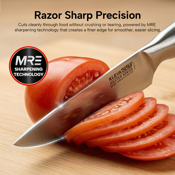 Sharp kitchen knife slicing tomato cleanly with precision edge stainless steel blade