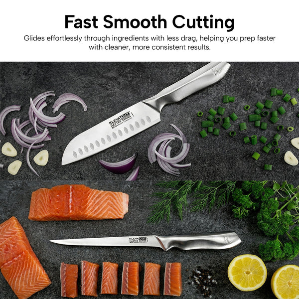 Professional chef knife cutting salmon and vegetables with smooth, low-drag stainless steel blade