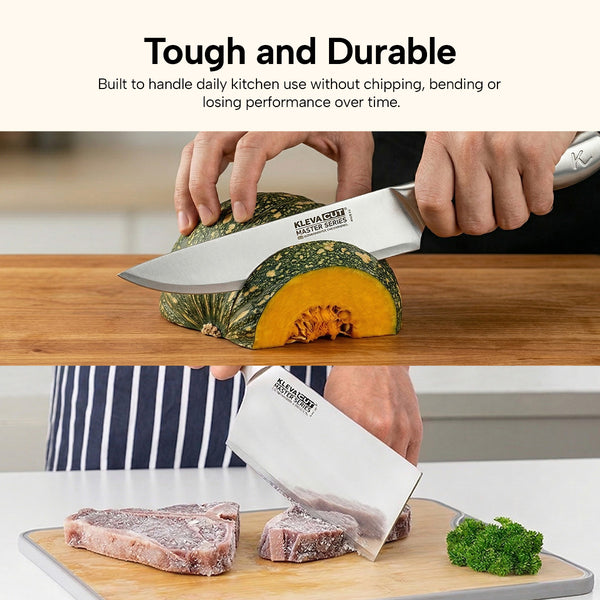 Heavy-duty stainless steel kitchen knife cutting pumpkin and frozen meat with strong durable blade