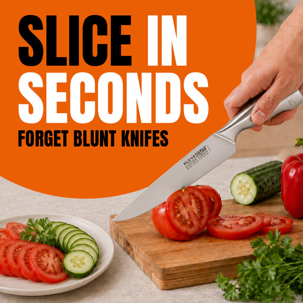 A hand slices a tomato with the razor-sharp KlevaCut® Master Series knife from Kleva Range on a wooden board. Sliced cucumber and tomato rest on a plate nearby. The text reads, Slice in Seconds. Forget blunt knives—experience the unmatched precision of MRE Sharpening Technology. Featuring the 4pc Knife Set with Bamboo Storage Case, Magnetic Block & Free Gifts.