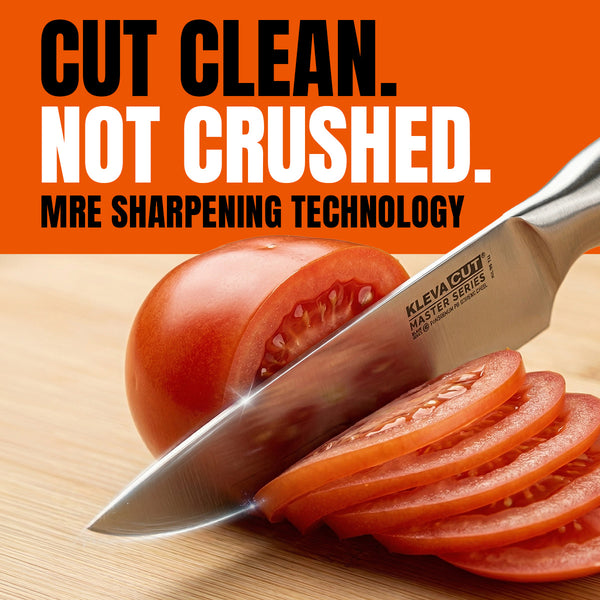 A KlevaCut® Master Series knife from the Kleva Range’s premium 4-piece set, crafted with advanced sharpening technology, slices cleanly through a tomato for perfectly even pieces. The image displays the words “CUT CLEAN. NOT CRUSHED. MRE SHARPENING TECHNOLOGY” and features the stylish bamboo storage case included with the set.