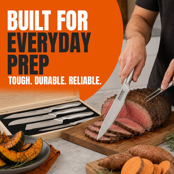 A person slices a cooked beef roast with a carving knife and fork on a cutting board. Beside them, an open bamboo storage case holds three knives from the Kleva Range KlevaCut® Master Series 4pc Knife Set with Bamboo Storage Case + Free Gifts. Roasted sweet potatoes and herbs are arranged on the table. Bold text reads: BUILT FOR EVERYDAY PREP.