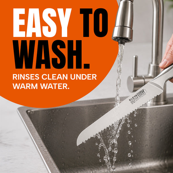 A hand holds a serrated knife from the Kleva Range KlevaCut® Master Series 4pc Knife Set with Bamboo Storage Case under running water above a kitchen sink. Text on the image reads: Easy to wash. Rinses clean under warm water.