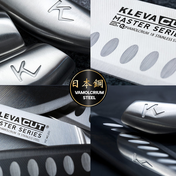 Collage close-up of the Kleva Range KlevaCut® Master Series 4pc Knife Set with Bamboo Storage Case, featuring stainless steel knives with engraved logos, distinctive blade textures, and a central black and gold circle displaying “Vamolcrium Steel” alongside Japanese kanji.