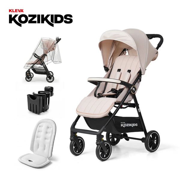The KLEVA® KoziKids Compact & Lightweight Travel Stroller by Kleva Range is shown in beige with a sunshade, black frame, four wheels, rain cover, cup holder, padded insert, and visible KOZIKIDS logo on the stroller and top left corner.