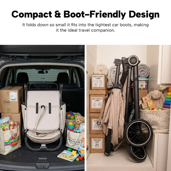 The KLEVA® KoziKids Compact & Lightweight Travel Stroller by Kleva Range fits easily in a car trunk packed with boxes and groceries, showcasing its space-saving design for simple storage and hassle-free transport. Suitable for babies 6 months to toddler.