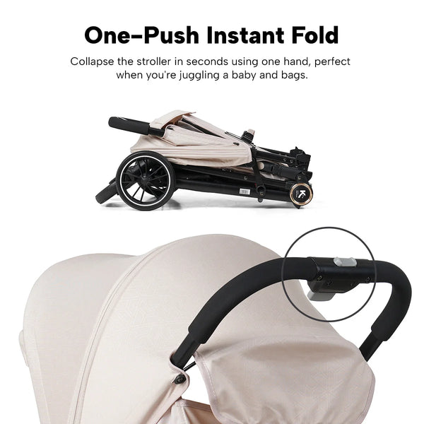 The KLEVA® KoziKids Compact & Lightweight Travel Stroller by Kleva Range folds flat with one push for easy, one-handed use. Ideal for travel, it features a beige design and a handlebar button for instant folding—perfect from 6 months to toddler.