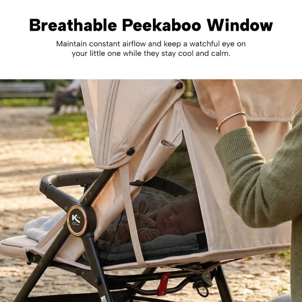 The Kleva Range KLEVA® KoziKids Compact & Lightweight Travel Stroller features a mesh peekaboo window for airflow, keeping your baby cool and comfortable on-the-go—ideal for travel with infants and toddlers.