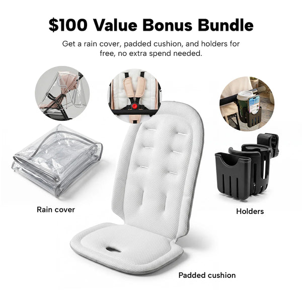 A $100 value bonus bundle for the KLEVA® KoziKids Compact & Lightweight Travel Stroller by Kleva Range includes a white padded cushion, transparent rain cover, and three black holders, shown in use on a compact stroller.