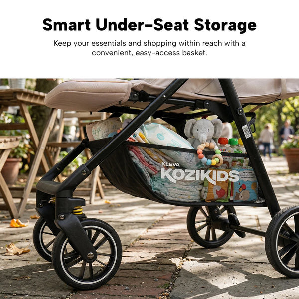 The KLEVA® KoziKids Compact & Lightweight Travel Stroller by Kleva Range features smart under-seat storage for blankets, toys, and baby essentials—perfect for outdoor adventures with your toddler.