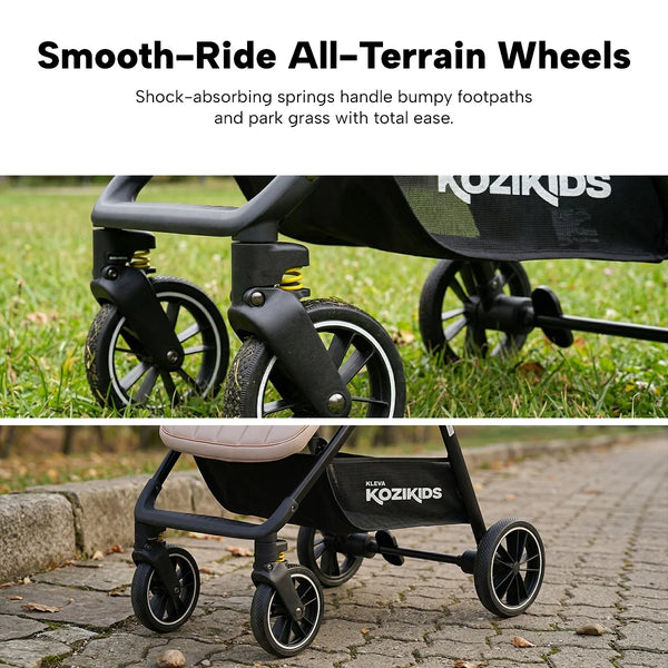 The KLEVA® KoziKids Compact & Lightweight Travel Stroller by Kleva Range features black smooth-ride all-terrain wheels with shock-absorbing springs, shown on both paved and grassy surfaces. Suitable for children aged 6 months to toddler.