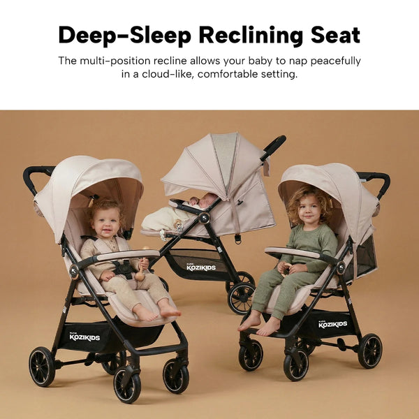 Three beige KLEVA® KoziKids Compact & Lightweight Travel Strollers by Kleva Range, each with a child inside, are shown with canopies and black frames. Tan background. Text above highlights a deep-sleep reclining seat for on-the-go comfort.