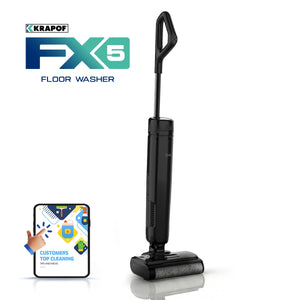A black KRAPOF® FX5 HydraClean Cordless Hard Floor Washer from Kleva Range stands upright on a white background, with its name and logo above. In the corner, an illustration highlights cleaning tips, awards, and streak-free wash and vacuum features.