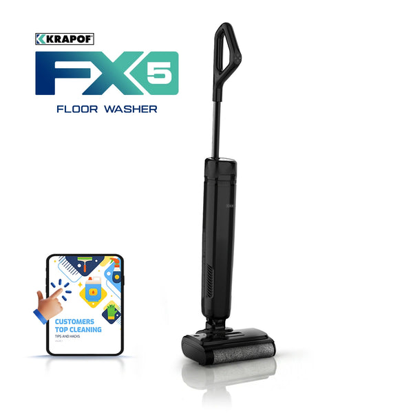 A black KRAPOF® FX5 Cordless Hard Floor Washer by Kleva Range stands beside a graphic with a hand, checkmark, and text showcasing top customer cleaning ratings and fast-drying performance.