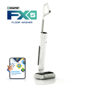 A KRAPOF® FX5 HydraClean Cordless Hard Floor Washer from Kleva Range stands upright on a white background, featuring a handle and roller brush. The product logo and a "Customers Top Cleaning" badge are displayed beside the device.