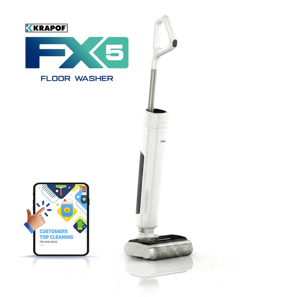 A white KRAPOF® FX5 Cordless Hard Floor Washer by Kleva Range stands upright on a white background. The logo appears at the top left, and a small graphic with thumbs-up and cleaning icons is in the bottom left corner.