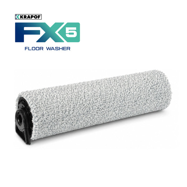 A cylindrical replacement roller brush for a floor washer, featuring gray textured bristles and black plastic end caps. The product is labeled “Kleva Range FX5 Floor Washer - Roller Brush (Black)” in the upper left corner.