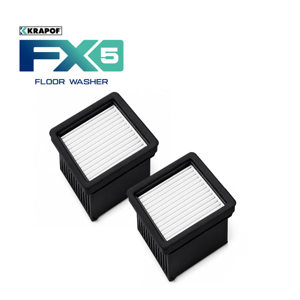 Two rectangular filters with black frames and white pleated surfaces are displayed. The Kleva Range logo, the product name “FX5 Floor Washer - Filter Kit (2 pack),” and the words “floor washer” appear in the top left corner against a white background.