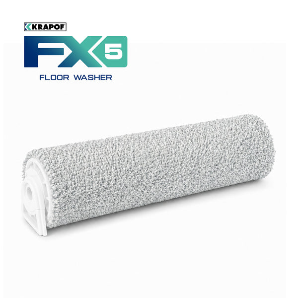 A cylindrical textured roller brush for the FX5 Floor Washer by Kleva Range, featuring a white end cap. The text “KRAPOF FX5 FLOOR WASHER” appears in blue and green at the top left corner of the image.