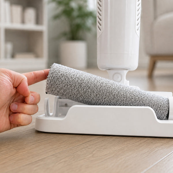 A hand touches the gray textured roller brush of the Kleva Range FX5 Floor Washer (White) as it rests in its base on a light wood floor, with a blurred living room in the background.