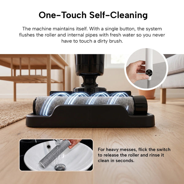 The KRAPOF® FX5 HydraClean Cordless Hard Floor Washer by Kleva Range features a dual-tank mop for self-driving cleaning. With one button, users wash and vacuum floors, then release the roller for easy rinsing under a tap, simplifying maintenance.