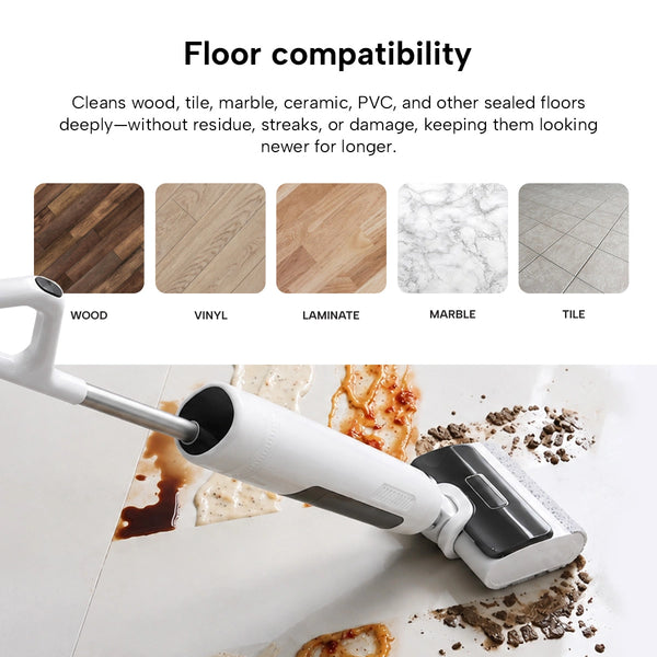The KRAPOF® FX5 HydraClean Cordless Hard Floor Washer by Kleva Range is shown cleaning stains. Icons and samples highlight compatibility with wood, vinyl, laminate, marble, and tile floors plus a streak-free finish capability.