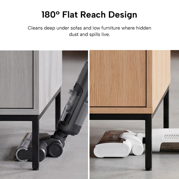 The KRAPOF® FX5 HydraClean Cordless Hard Floor Washer from Kleva Range, shown in black and white, uses its 180° flat reach design to clean under sofas and cabinets with ease.