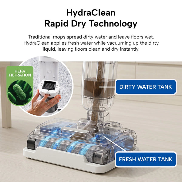 The Kleva Range KRAPOF® FX5 HydraClean Cordless Hard Floor Washer is shown on a light wood floor with labeled dirty and fresh water tanks. Inset image highlights HEPA filtration as the device applies fresh water and vacuums up dirty liquid for streak-free floors.