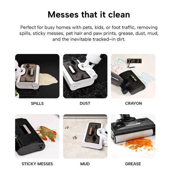 A graphic shows the KRAPOF® FX5 HydraClean by Kleva Range tackling spills, dust, crayon, sticky messes, mud, and grease. Achieve streak-free floors as this cordless washer powers through every type of mess.