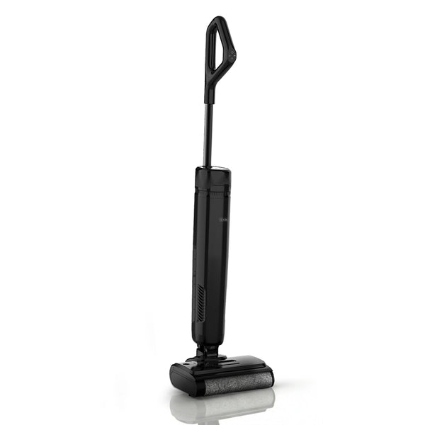 The KRAPOF® FX5 HydraClean Cordless Hard Floor Washer by Kleva Range, in sleek black with a slim, ergonomic design and cylindrical brush head, stands upright on a reflective white surface for efficient cleaning.
