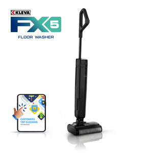 A black KLEVA® FX5 Cordless Hard Floor Washer by Kleva Range stands beside a graphic with a hand, checkmark, and text showcasing top customer cleaning ratings and fast-drying performance.