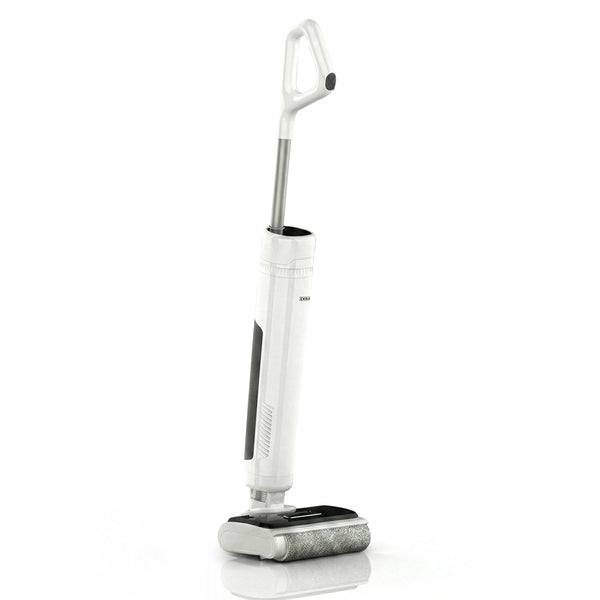The KRAPOF® FX5 HydraClean Cordless Hard Floor Washer by Kleva Range is a white floor cleaner with a long handle, cylindrical dual-roller cleaning head, and a black button on the handle, shown upright on a plain white background.