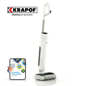 The KRAPOF® FX5 HydraClean Cordless Hard Floor Washer by Kleva Range stands upright on a white background. The KRAPOF logo and slogan are at the top left, while self-cleaning mop icons and a thumbs-up graphic appear at the bottom left.