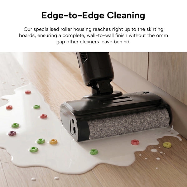 The KRAPOF® FX5 HydraClean Cordless Hard Floor Washer by Kleva Range easily tackles spilled milk and colorful cereal on wood floors, cleaning edge-to-edge with no 6mm gap left behind like other vacuum and mop devices.