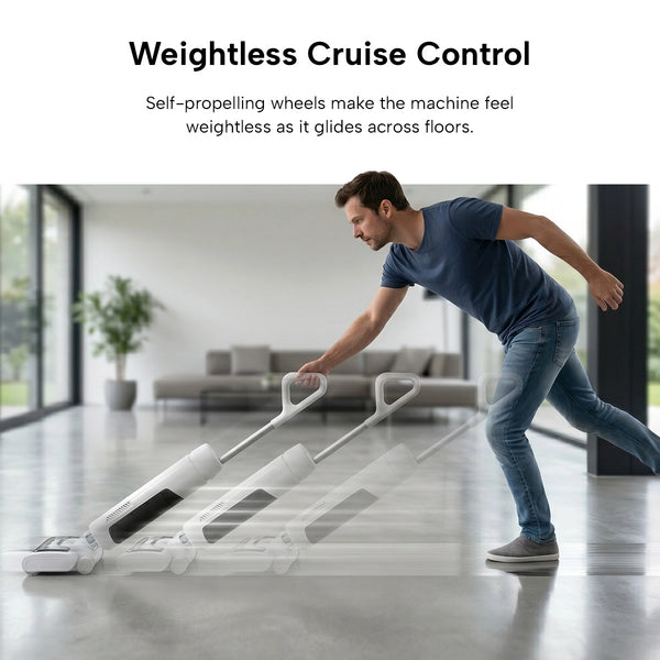A man uses the KRAPOF® FX5 HydraClean Cordless Hard Floor Washer by Kleva Range with self-propelling wheels on a light floor in a modern living room, while three faded images show its effortless movement and easy handling.