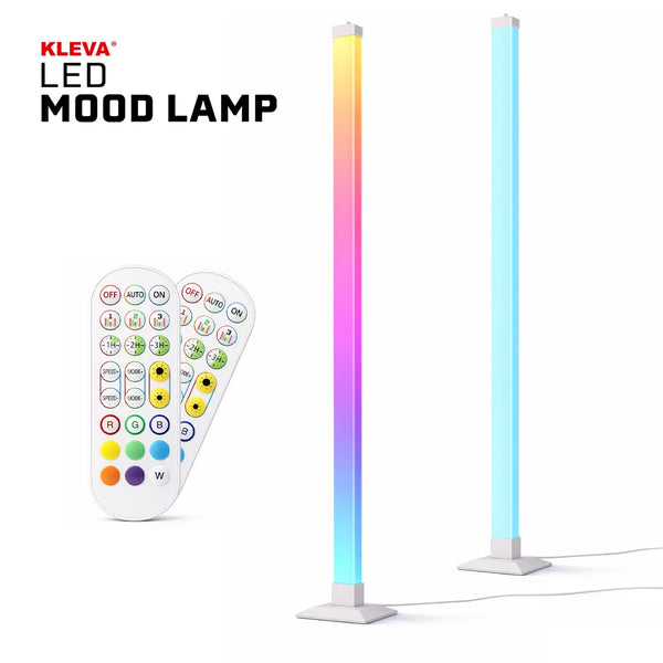Kleva LED mood lamp showing multiple RGB colour options including red, blue, green and purple