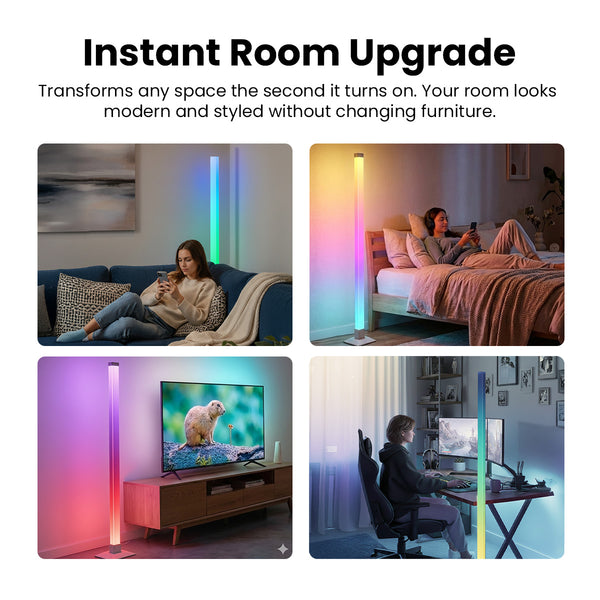 Collage of a room with a colorful LED lamp, people using electronic devices, and a person working on a computer.