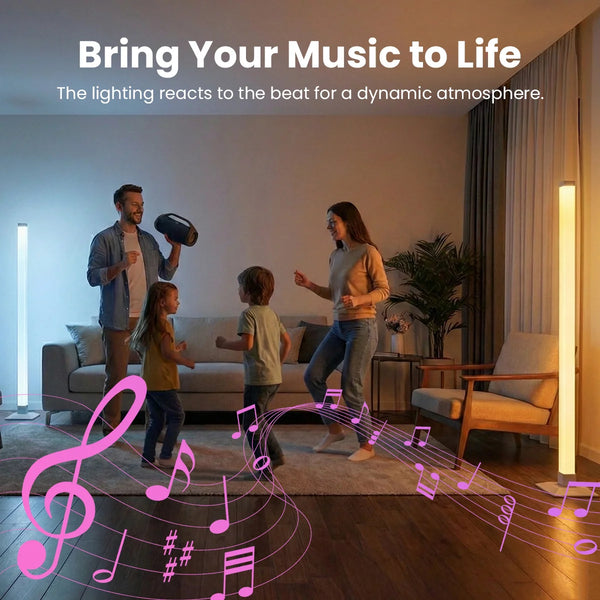RGB LED floor lamp with music sync mode reacting to sound and beat